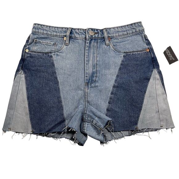 Blank NYC Pants - Blank NYC The Reeve High-Rise Ribcage Short Patchwork Denim Size 29 Blue Raw Hem